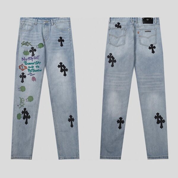 Chrome Hearts Denim Jeans – Text and Crosses Design