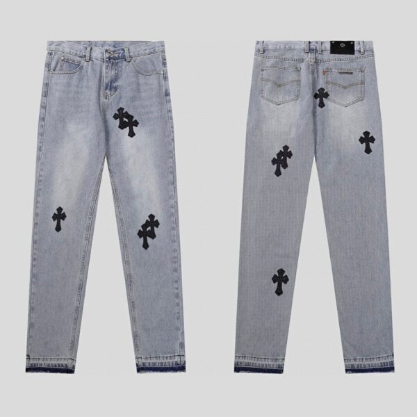 Chrome Hearts Grey Denim Jeans – Black Crosses Design