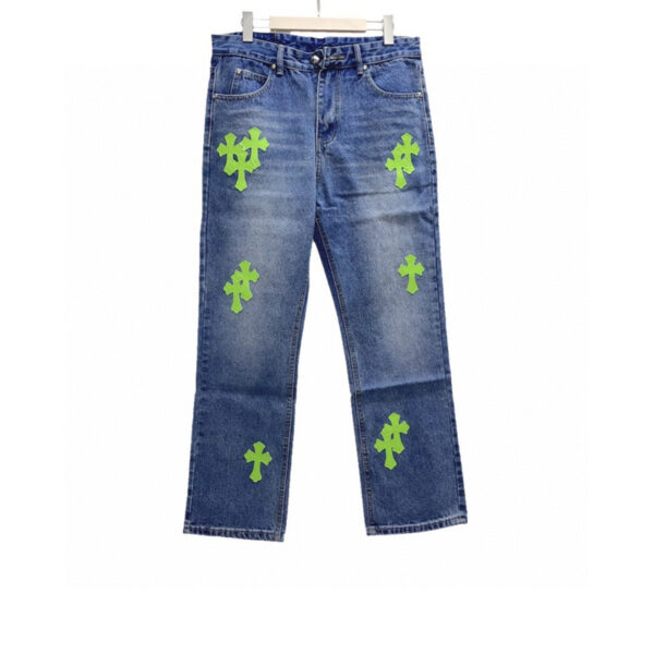 Chrome Hearts Denim Jeans – Light Green Crosses Design