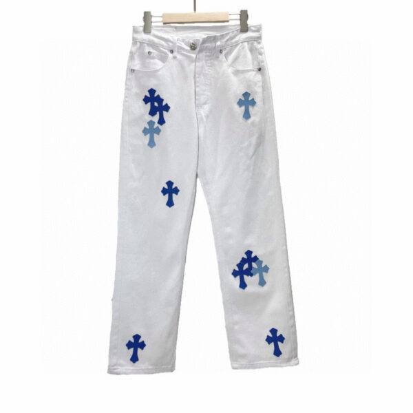 Chrome Hearts White Pants – Blue Crosses Design