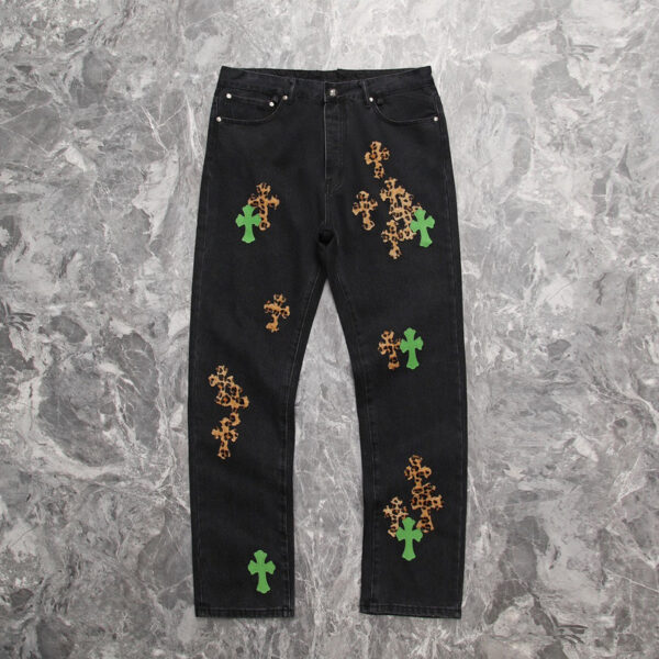 Chrome Hearts Black Pants – Lion Crosses and light Green Crosses Design