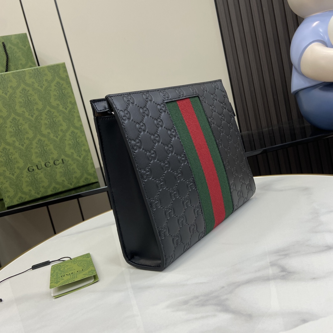 Gucci clutch with decorative strap Model:475316. Size:26✖️20✖️6cm. Color: Black/embossed G original leather. - Image 9