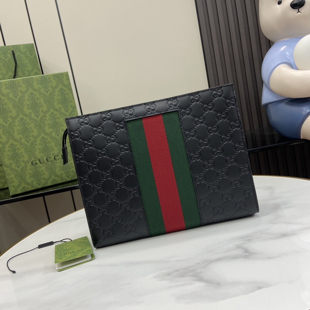 Gucci clutch with decorative strap Model:475316. Size:26✖️20✖️6cm. Color: Black/embossed G original leather. - Image 8