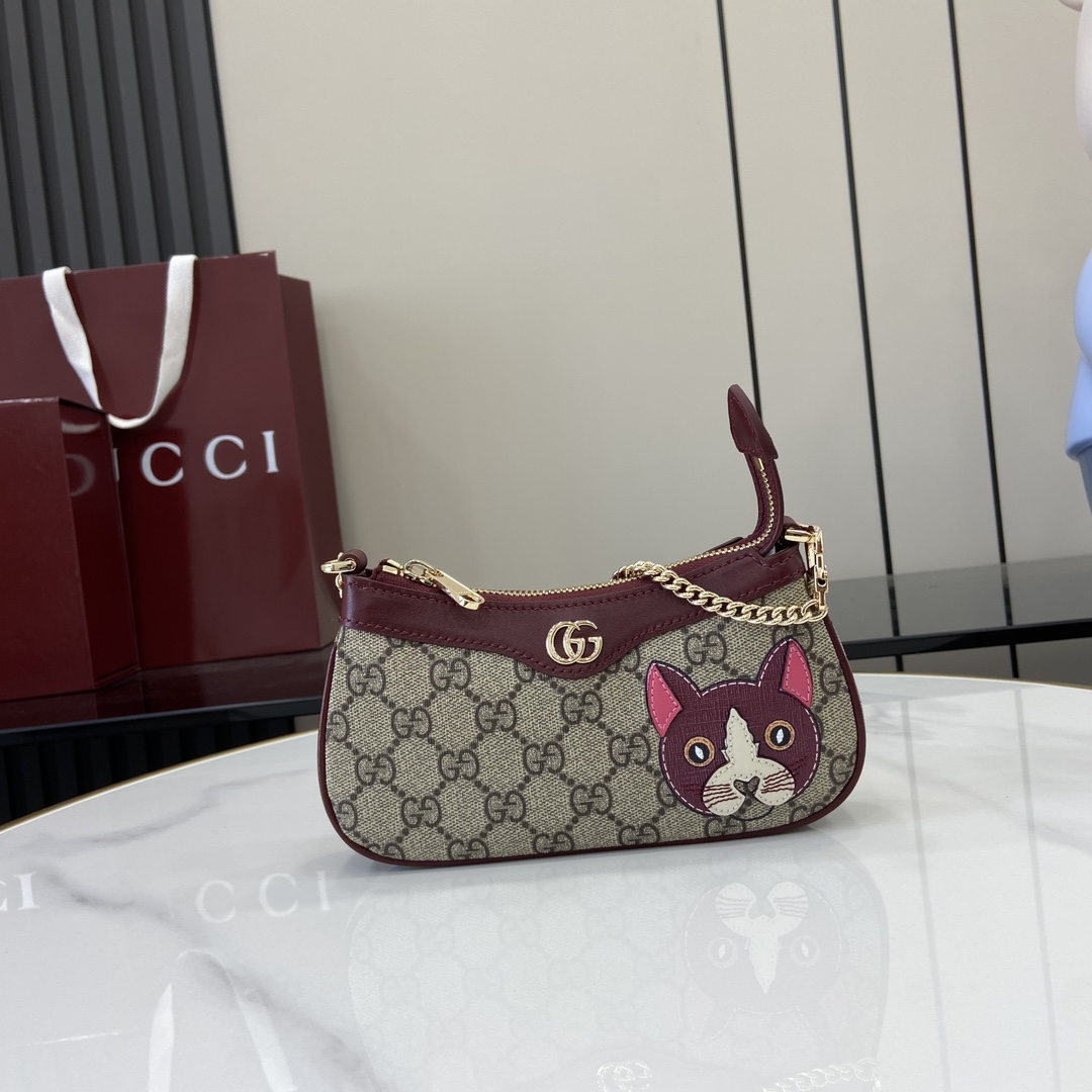 Gucci GG Emblem series mini shoulder bag Model:818763. Size: 19 (W) x 10 (H) x 3.5cm (D) Color: brown gum red leather cat/original leather.