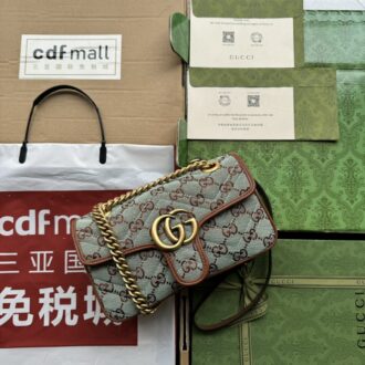 Gucci GG Marmont series denim small shoulder bag weight: about 0.648 kg. Model number:446744. Dimensions: 23 (W) x 13 (H) x 7 cm (D) Color: Green/Denim Canvas