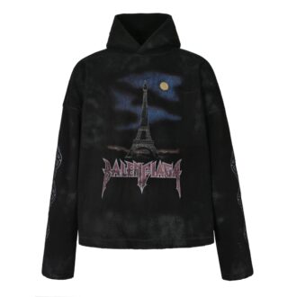 BLCG 23FW Eiffel Tower Night Scene Teddy Hoodie Sweatshirt Fabric: Made from 100% polyester, pure black teddy woven fabric using a double-sided weaving technique