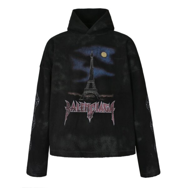 BLCG 23FW Eiffel Tower Night Scene Teddy Hoodie Sweatshirt Fabric: Made from 100% polyester, pure black teddy woven fabric using a double-sided weaving technique