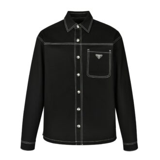 Prada 23FW Contrast-Stitch Logo Shirt Jacket Custom-woven 10*10 high-density twill stretch cotton fabric