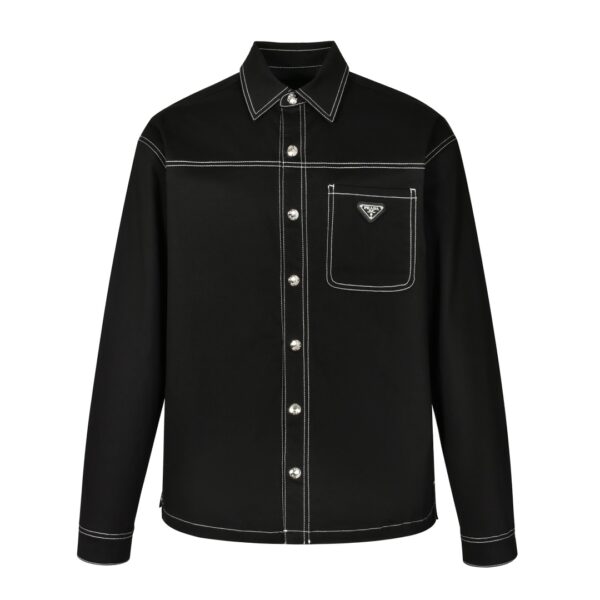 Prada 23FW Contrast-Stitch Logo Shirt Jacket Custom-woven 10*10 high-density twill stretch cotton fabric