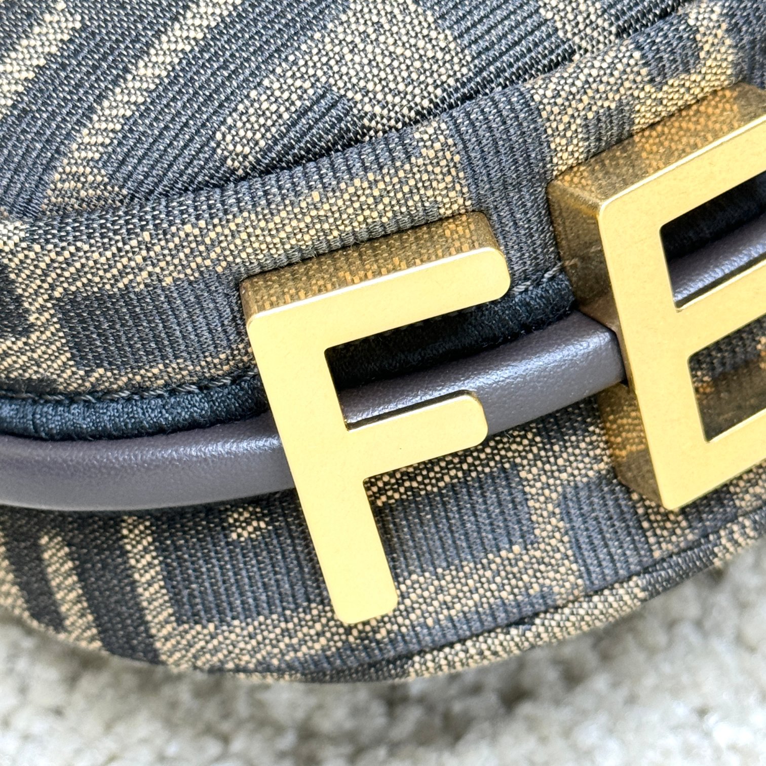 Fendography Nano version of crescent bag, zippered closure, decorated with FENDI retro gold metallic words. It is equipped with adjustable clamp straps, which can be hung on a large bag or worn on the wrist. With shoulder strap hook buckle. Classic FF jacquard fabric material. Brown napa leather details. Gold finish metal parts. Size: 16.5-14-5cm Model: 9933 Old Flower - Image 4